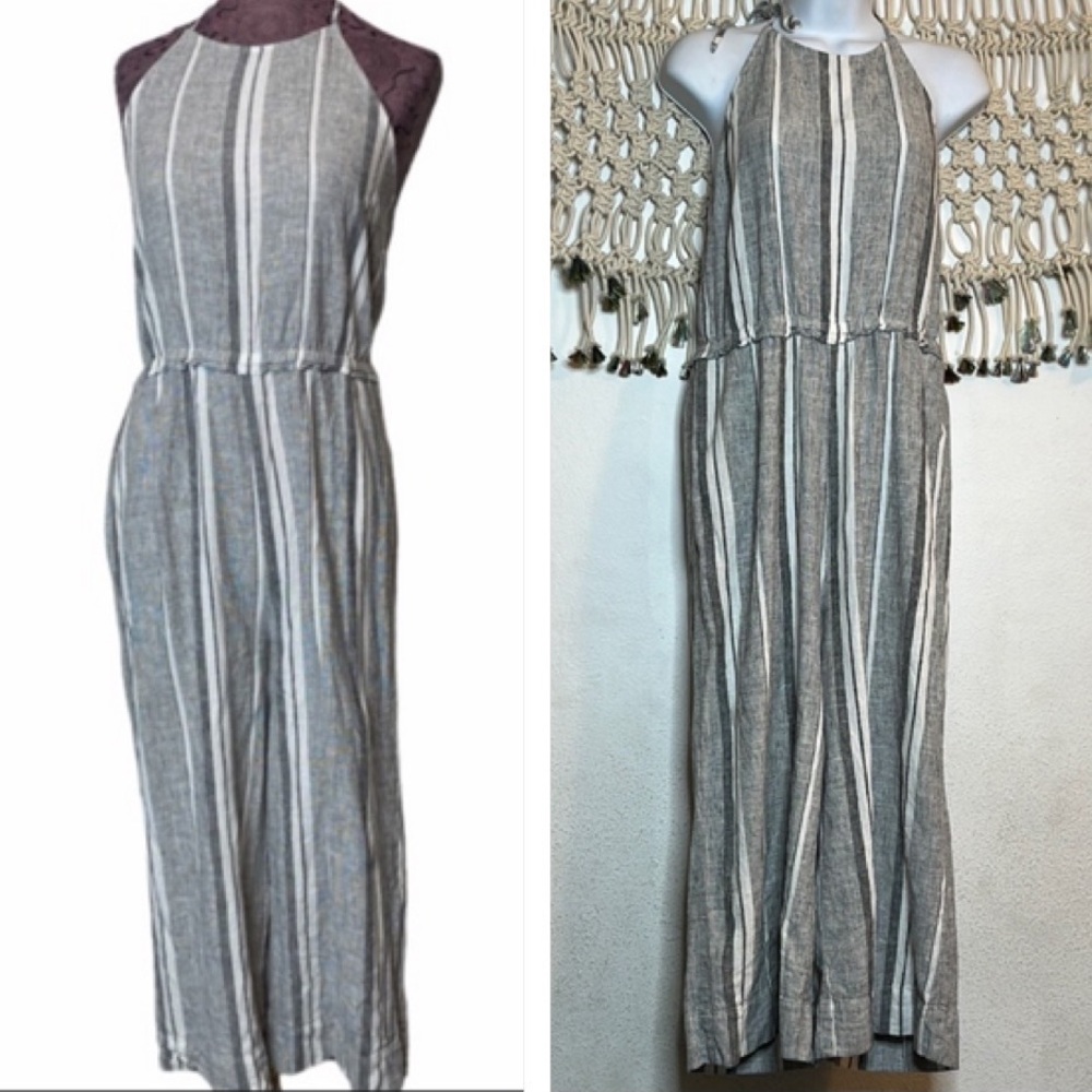 Anthropologie Cloth & Stone gray white stripe linen halter wide leg jumpsuit